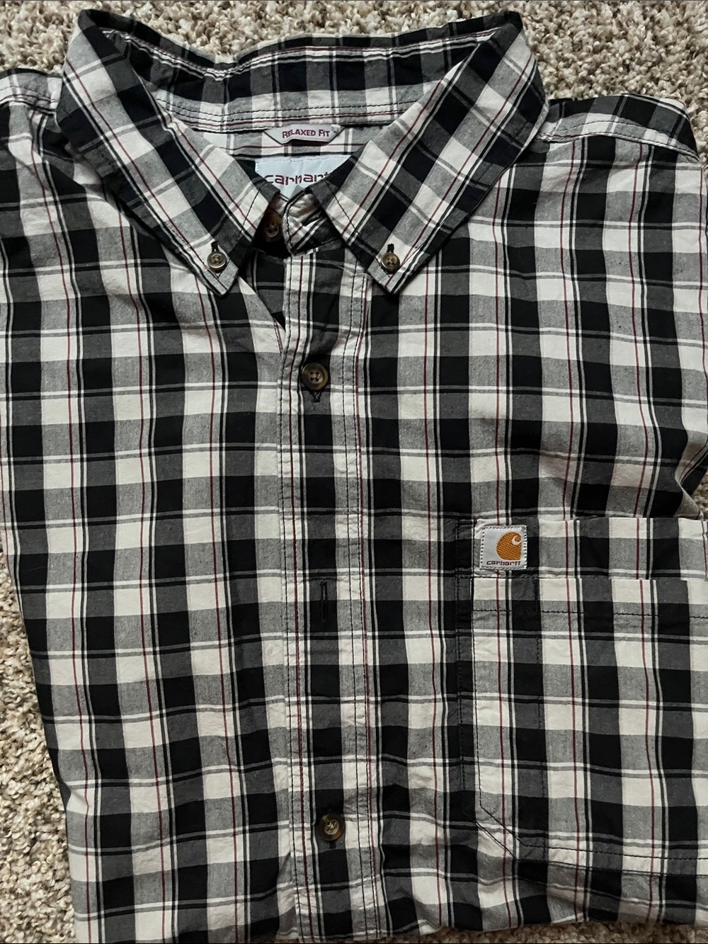 CARHARTT Men’s Black, White & Gray Plaid Button-Down Short Shirt
Men’s size XXL